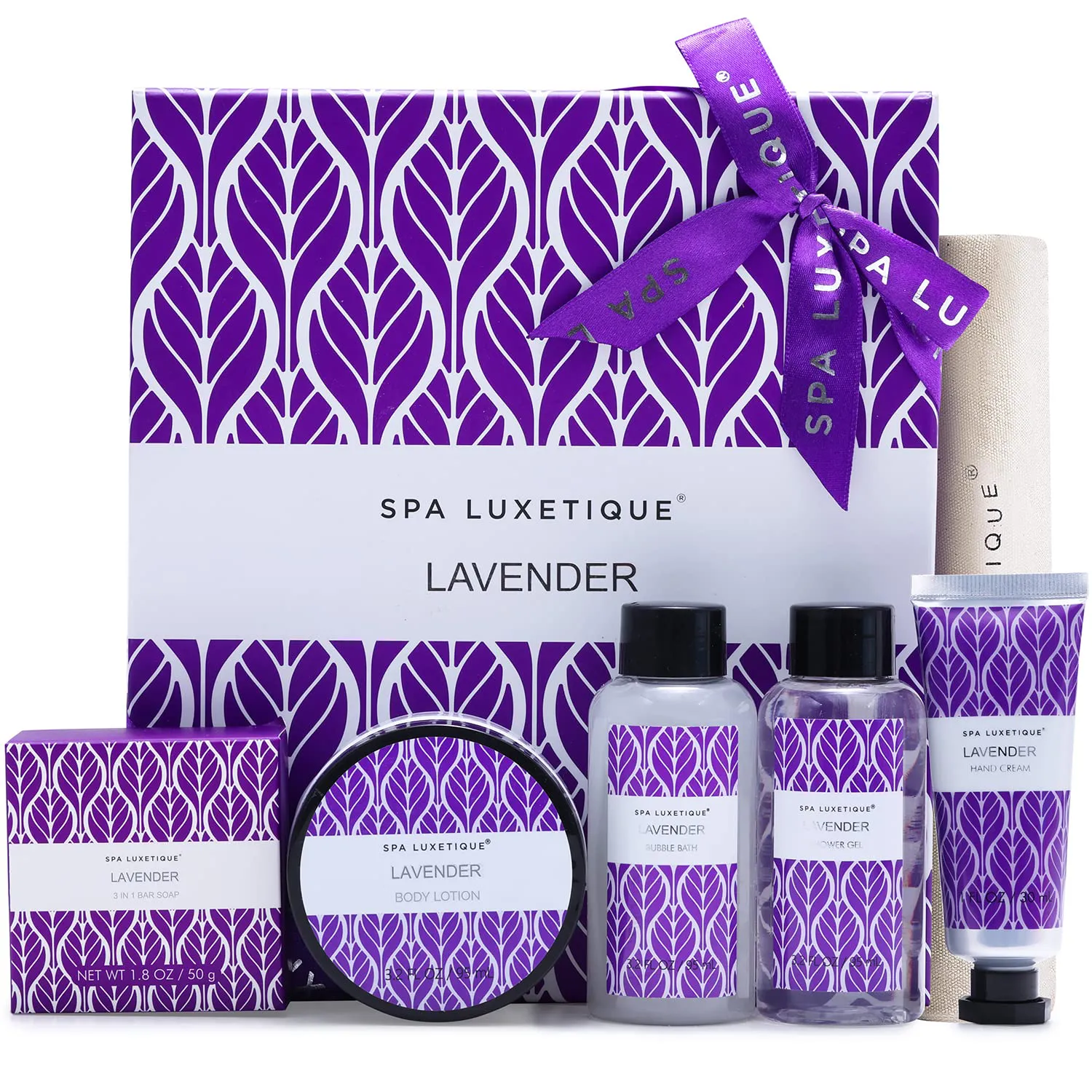 Spa Luxetique Spa Gift Baskets, Spa Gift Box, Lavender Bath Set, 6 Pcs Home Spa Set Includes Body Lotion, Shower Gel, Bubble Bath, Hand Cream, Travel Bag. Best Christmas Gift Sets for Women.