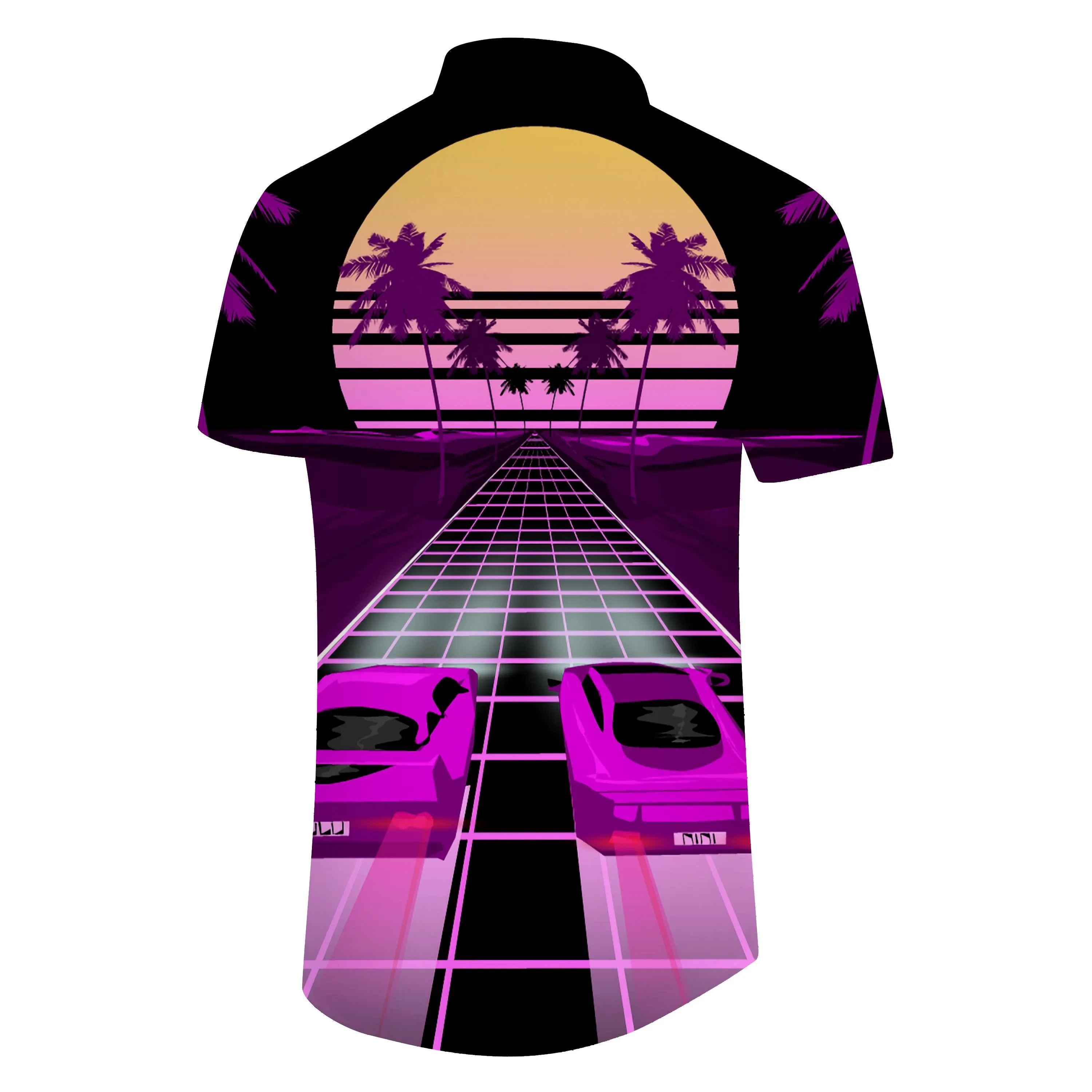 Sports car coconut tree men's outdoor beach fake short shirt Hawaiian fun button men's short-sleeved casual shirt purple black