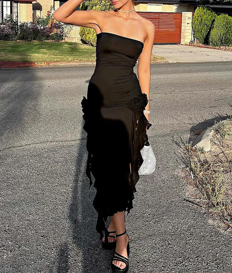 Strapless Irregular Pleated Party MIdi Dress