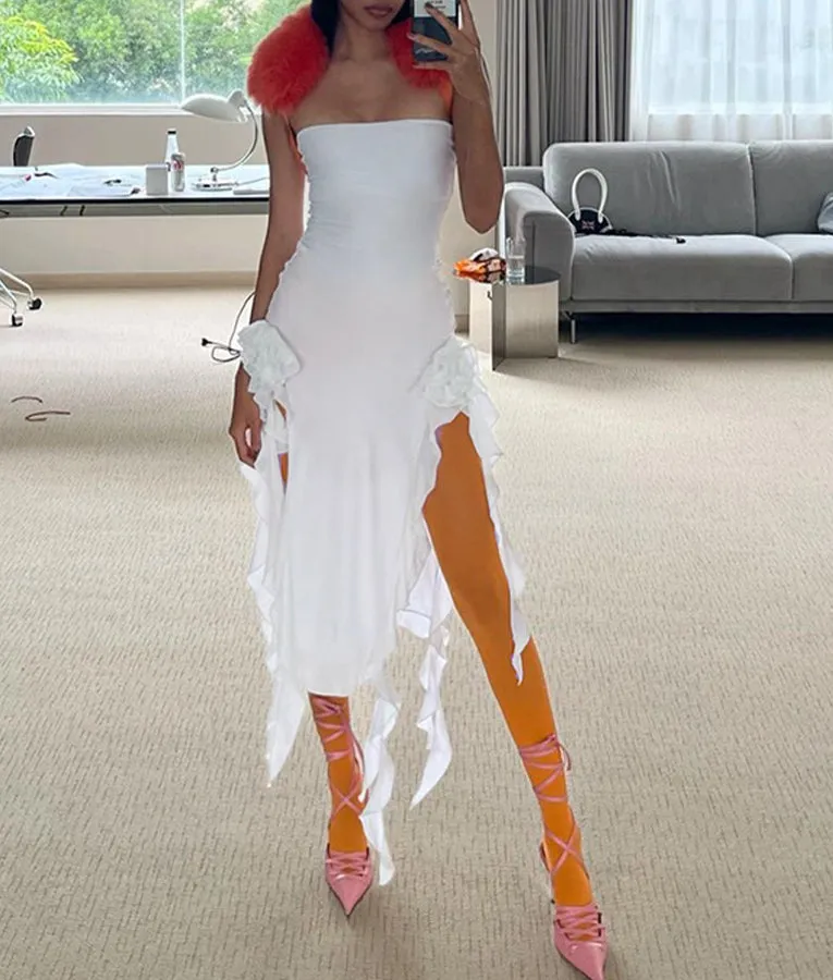 Strapless Irregular Pleated Party MIdi Dress