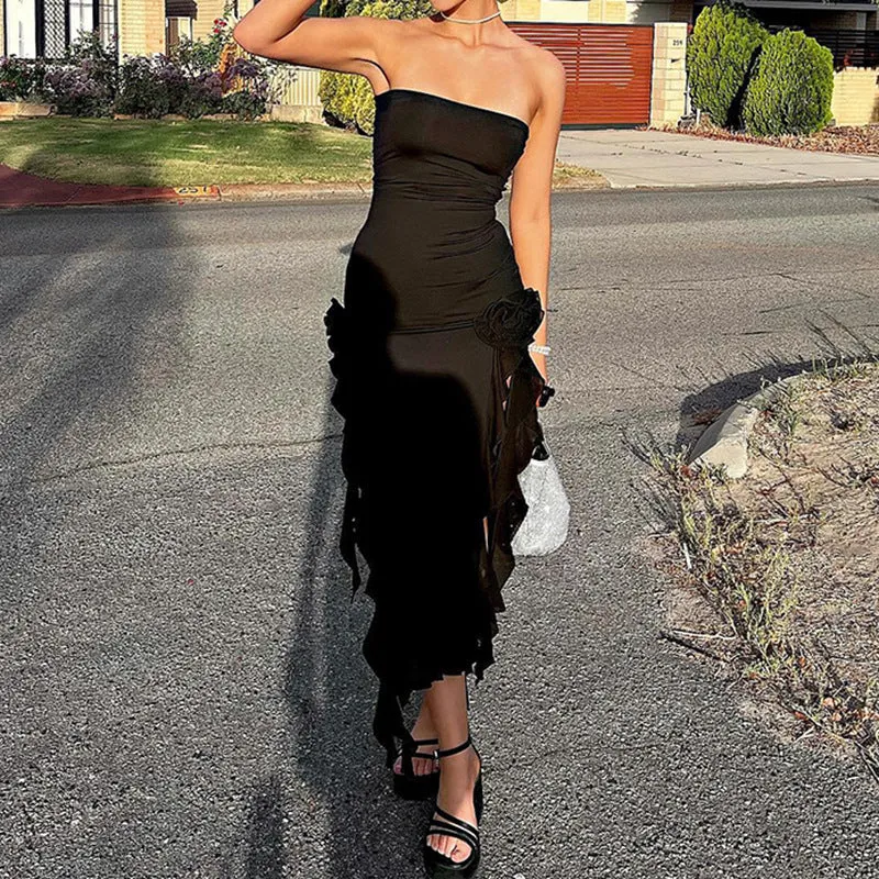 Strapless Irregular Pleated Party MIdi Dress