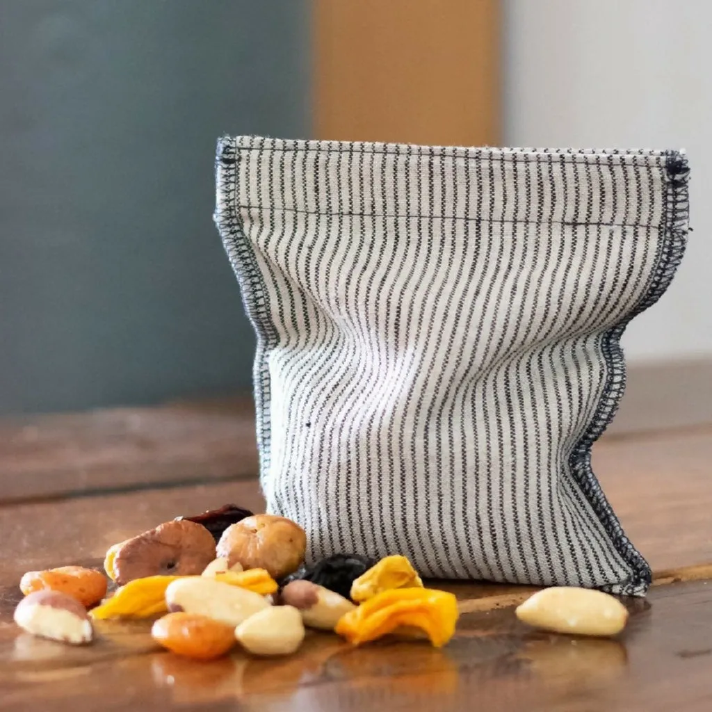 Striped Reusable Linen Snack Bag Dark Blue & Natural Stripes