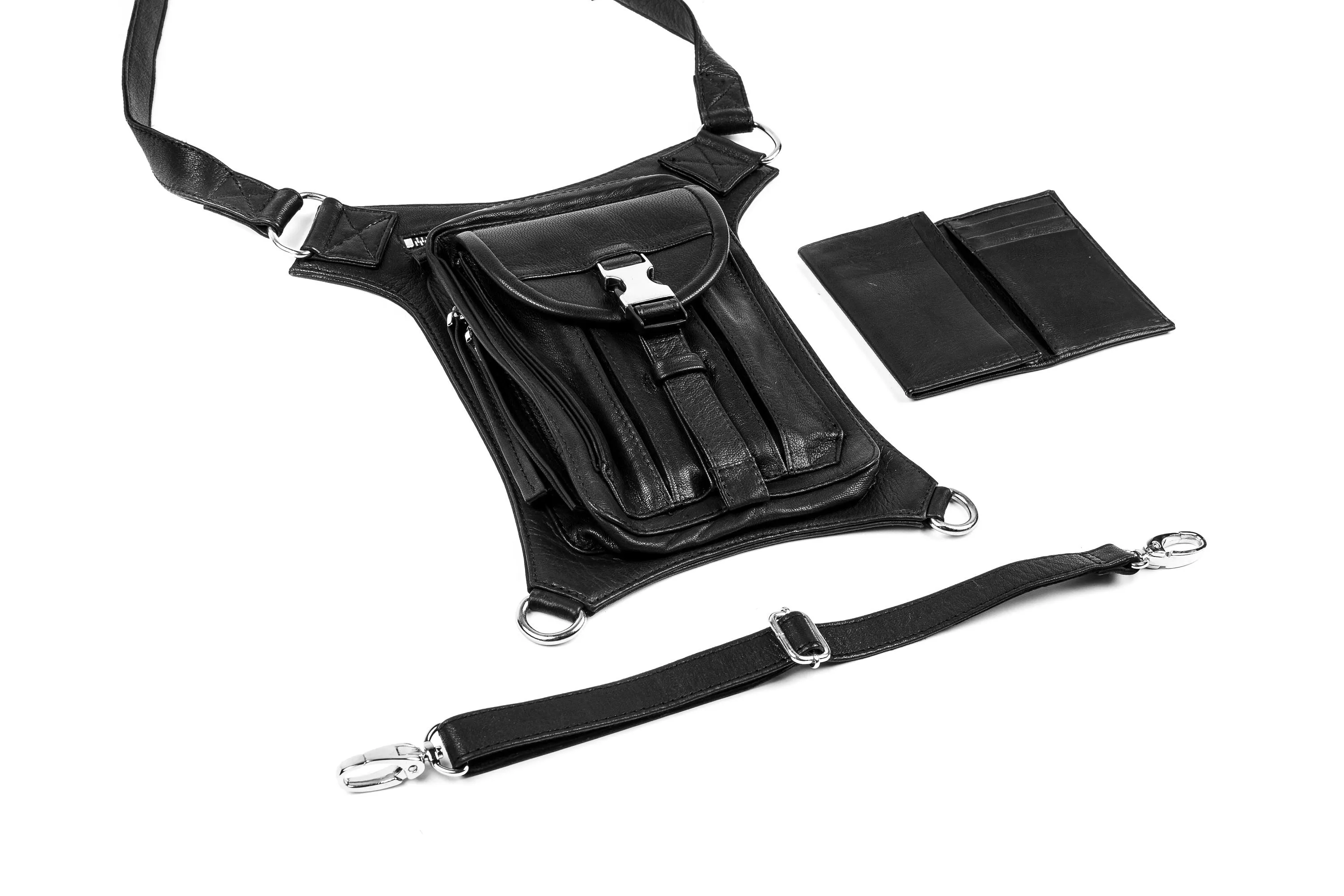 Tactical Edge Black Leather Holster and Hip Bag Utility Belt with Silver Hardware