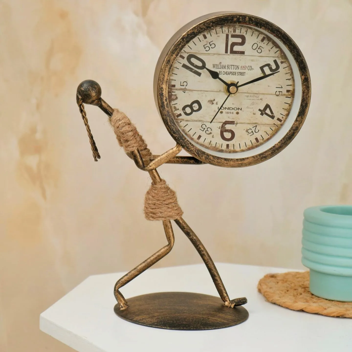 The Procure Store Antique Metal Girl Sculpture with Holding Table Clock