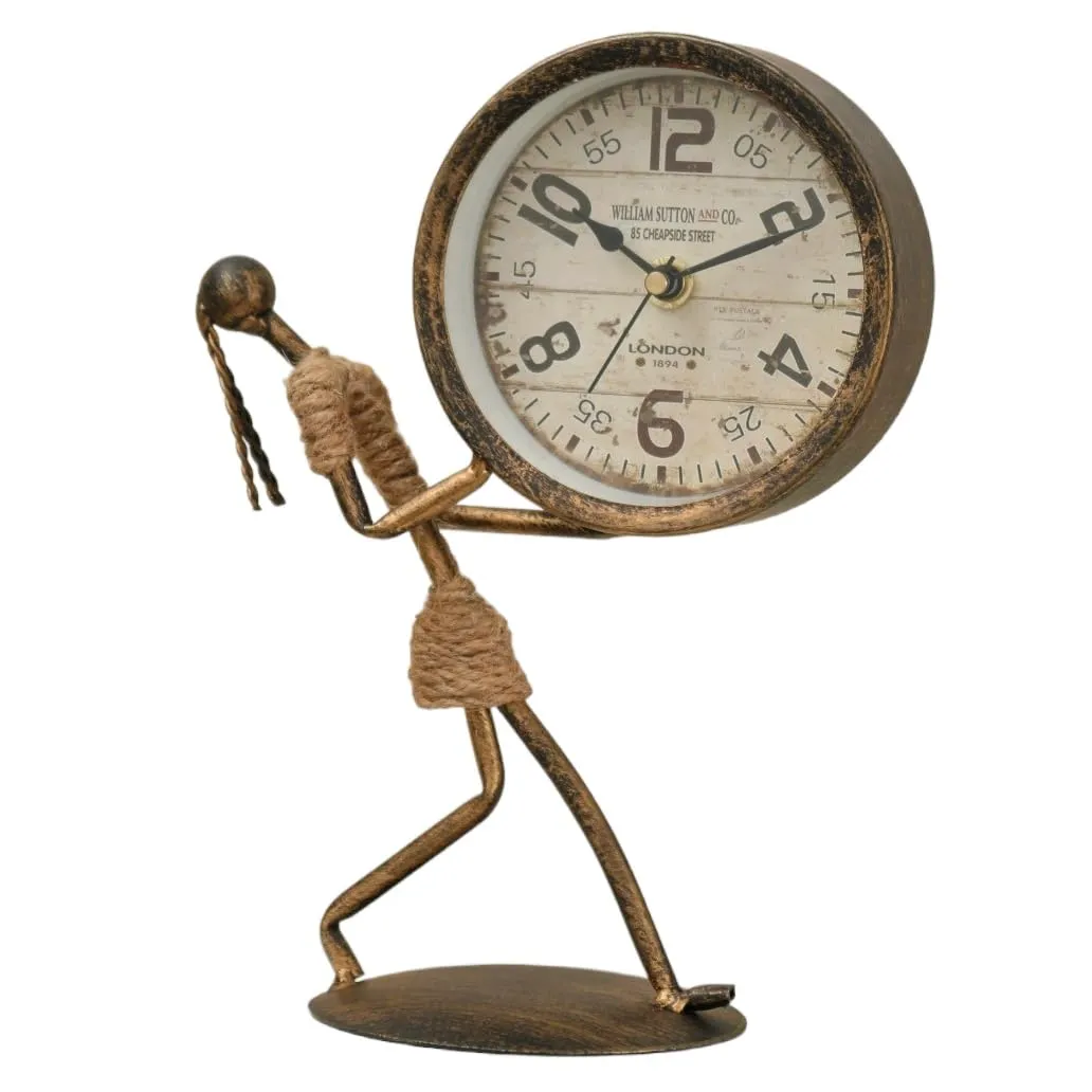 The Procure Store Antique Metal Girl Sculpture with Holding Table Clock