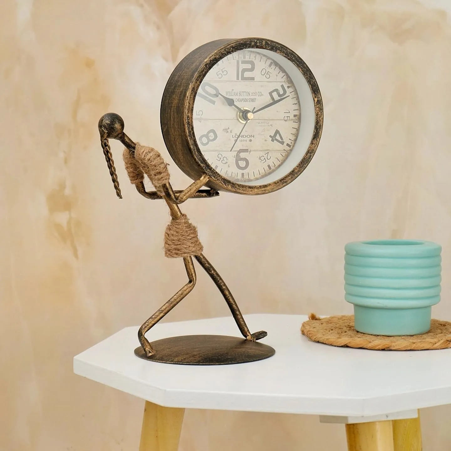 The Procure Store Antique Metal Girl Sculpture with Holding Table Clock