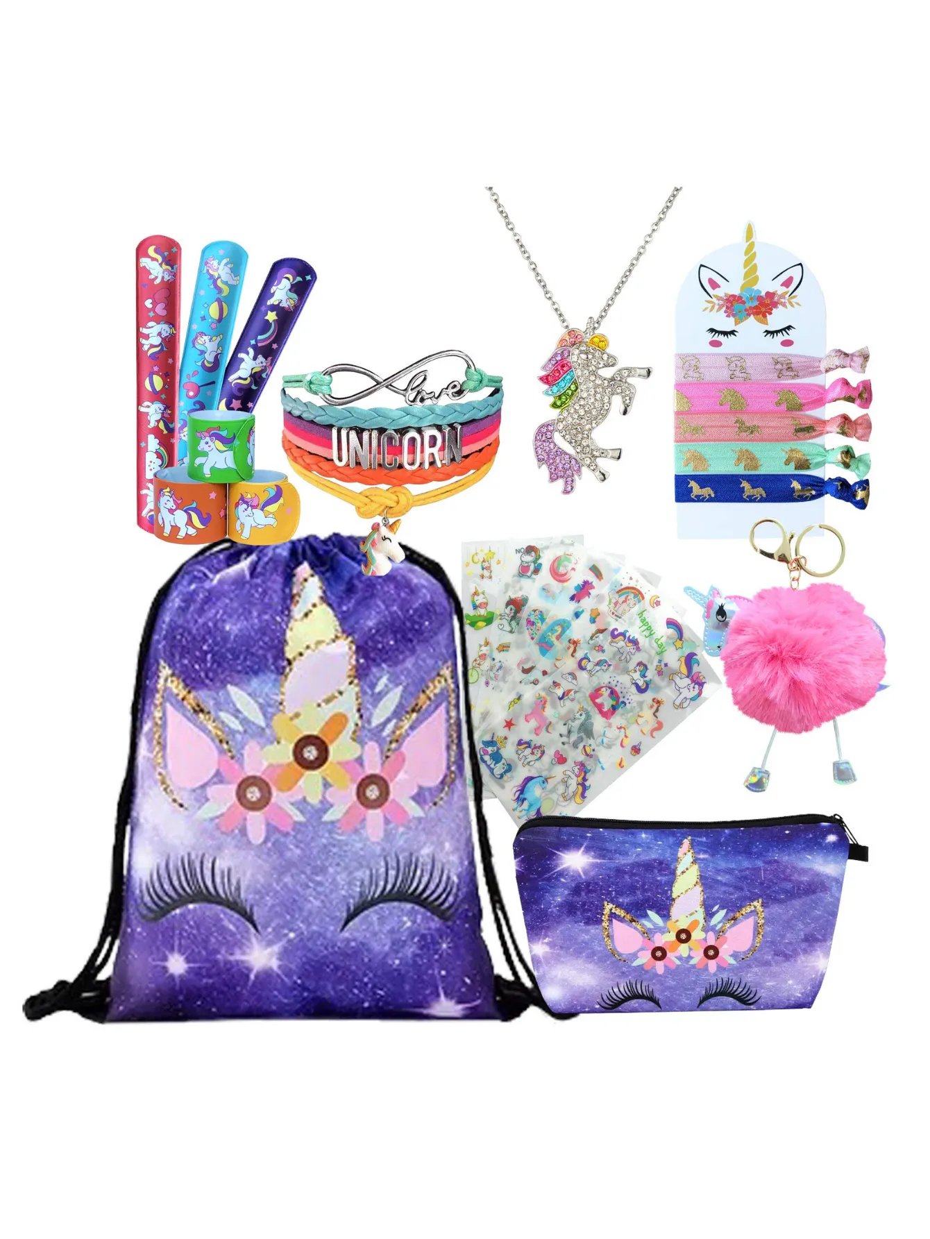 Unicorn Gifts for Girls - Unicorn Drawstring Backpack/Makeup Bag/Bracelet/Necklace/Hair Ties/Keychain/Sticker (Purple Rainbow 4)