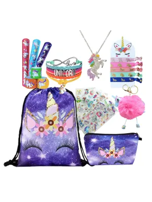Unicorn Gifts for Girls - Unicorn Drawstring Backpack/Makeup Bag/Bracelet/Necklace/Hair Ties/Keychain/Sticker (Purple Rainbow 4)
