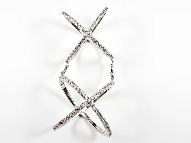 Unique Double Top & Bottom X Shape & Form CZ Silver Ring