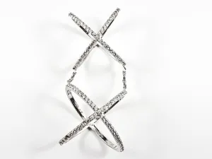 Unique Double Top & Bottom X Shape & Form CZ Silver Ring