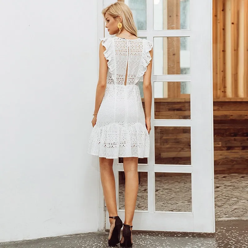 VenusFox Elegant cotton embroidery Ruffled high waist  dress