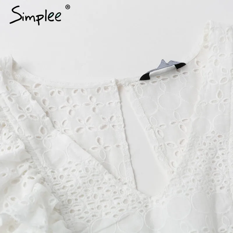 VenusFox Elegant cotton embroidery Ruffled high waist  dress