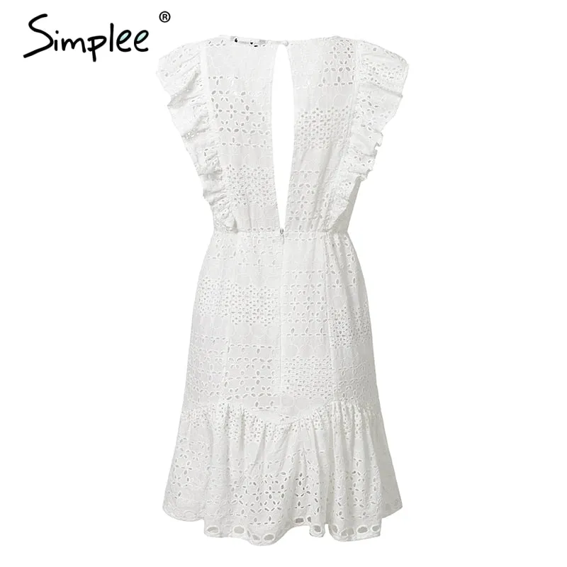 VenusFox Elegant cotton embroidery Ruffled high waist  dress