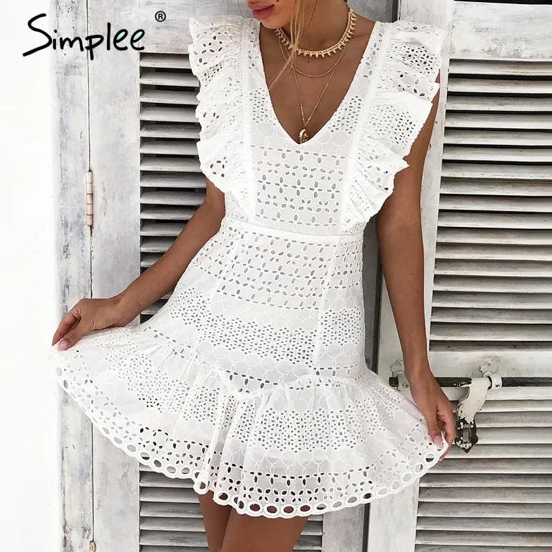VenusFox Elegant cotton embroidery Ruffled high waist  dress