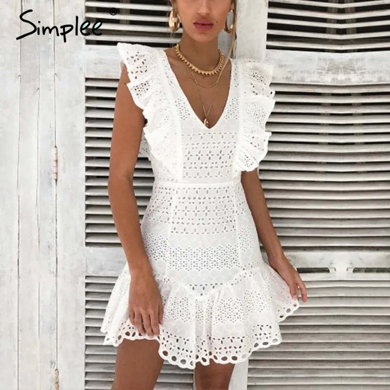 VenusFox Elegant cotton embroidery Ruffled high waist  dress