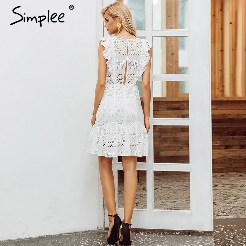 VenusFox Elegant cotton embroidery Ruffled high waist  dress
