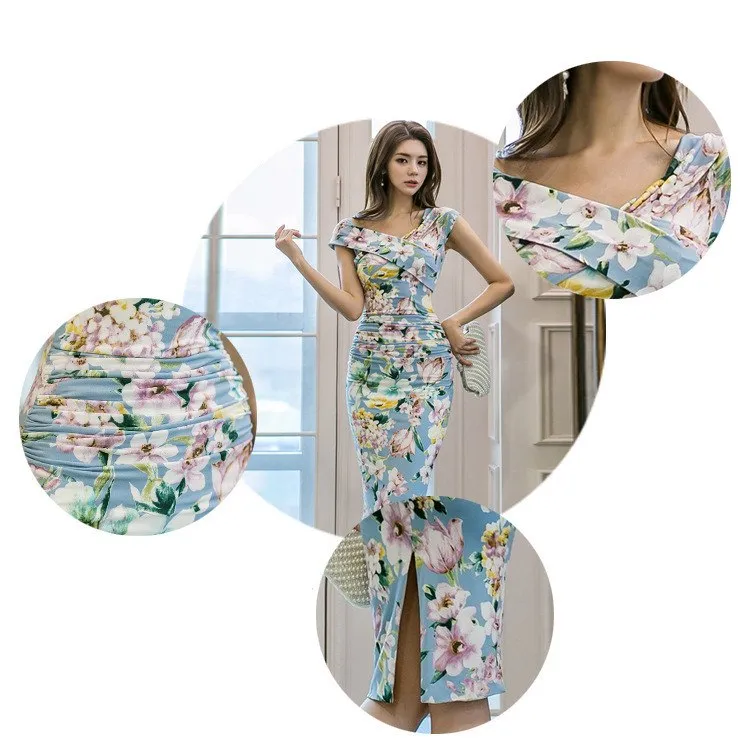 VenusFox Women's Floral Bodycon Pencil Blue Print V-neck Sleeveless Dress