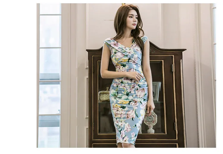 VenusFox Women's Floral Bodycon Pencil Blue Print V-neck Sleeveless Dress