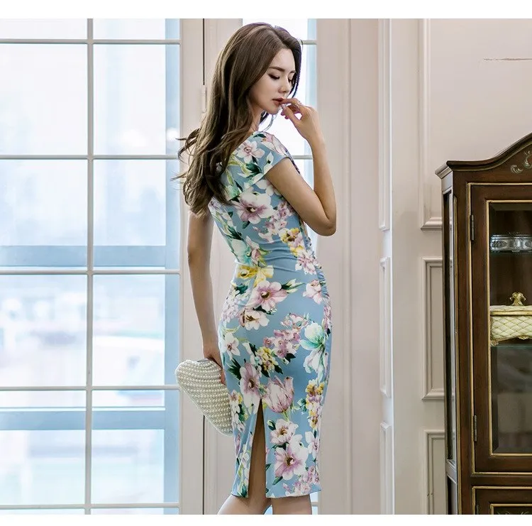 VenusFox Women's Floral Bodycon Pencil Blue Print V-neck Sleeveless Dress