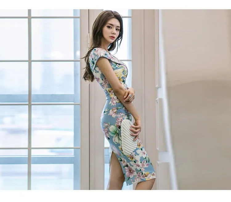 VenusFox Women's Floral Bodycon Pencil Blue Print V-neck Sleeveless Dress