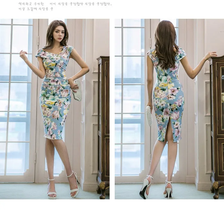 VenusFox Women's Floral Bodycon Pencil Blue Print V-neck Sleeveless Dress