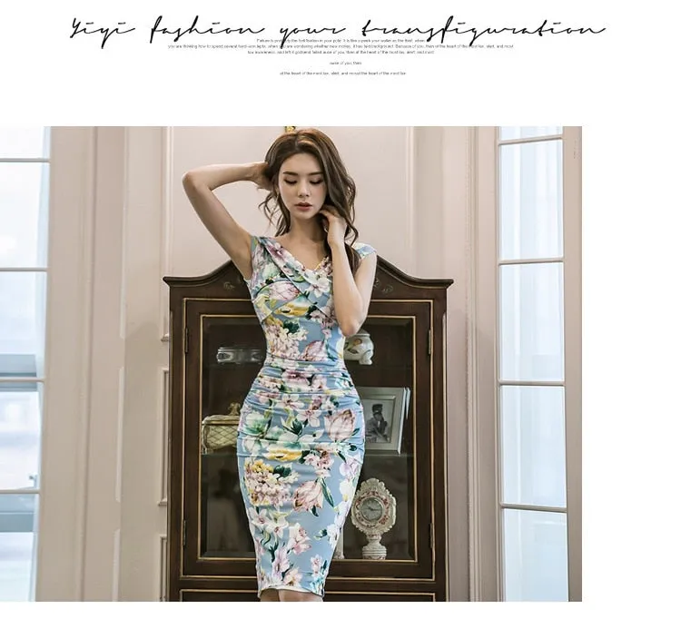 VenusFox Women's Floral Bodycon Pencil Blue Print V-neck Sleeveless Dress