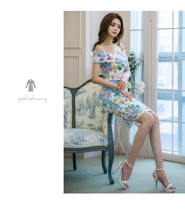 VenusFox Women's Floral Bodycon Pencil Blue Print V-neck Sleeveless Dress