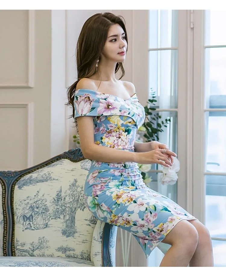VenusFox Women's Floral Bodycon Pencil Blue Print V-neck Sleeveless Dress