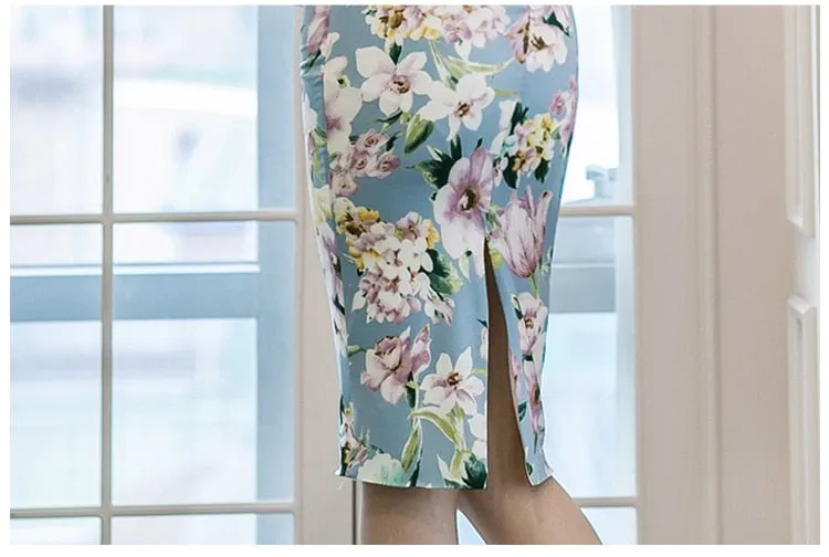 VenusFox Women's Floral Bodycon Pencil Blue Print V-neck Sleeveless Dress