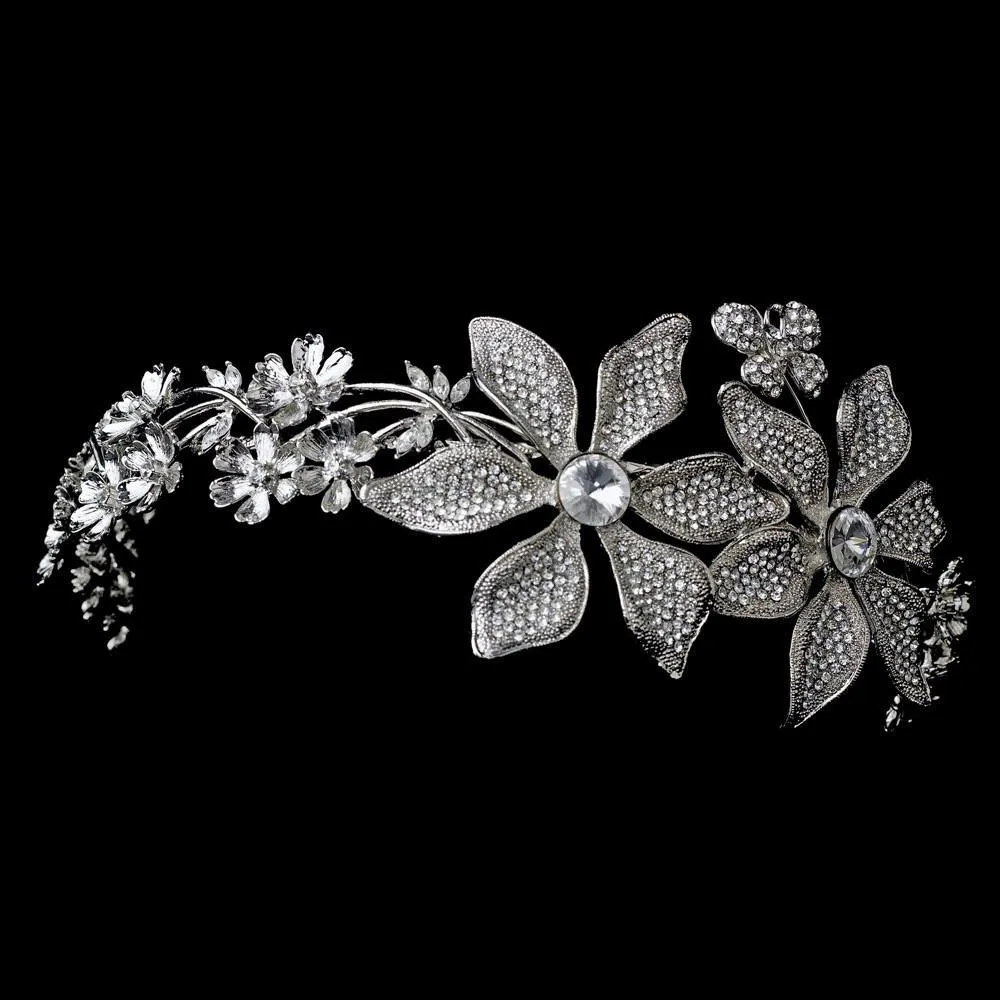 Whimsical Antique Silver Side Accented Flower & Butterfly Headpiece