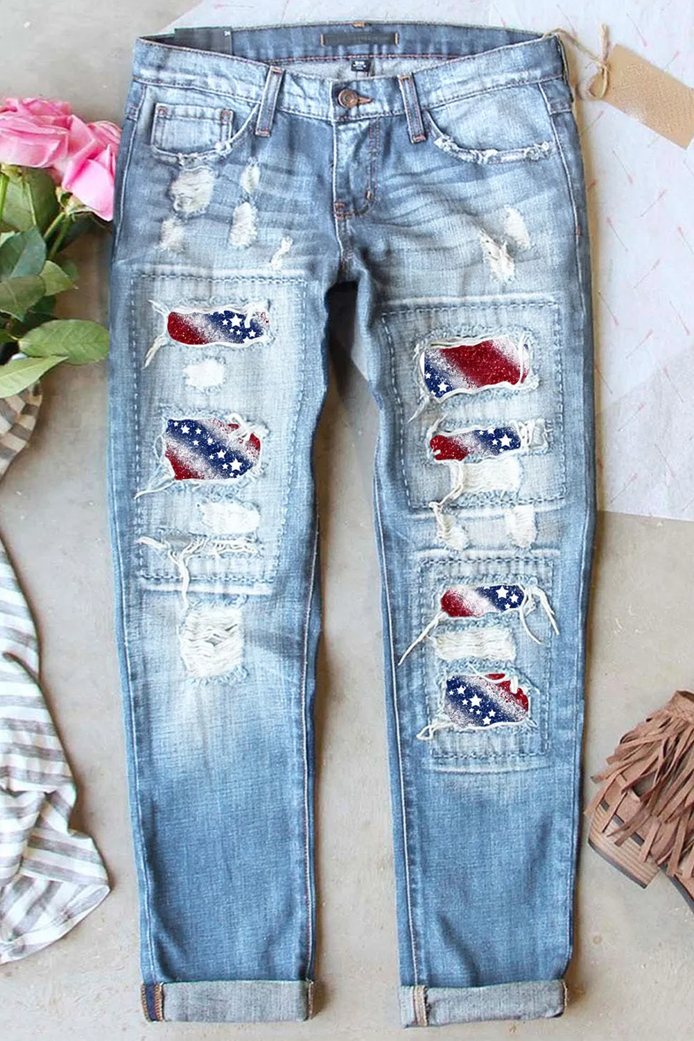 Womens Ripped Jeans American Flag Patch Boyfriend Denim Pants