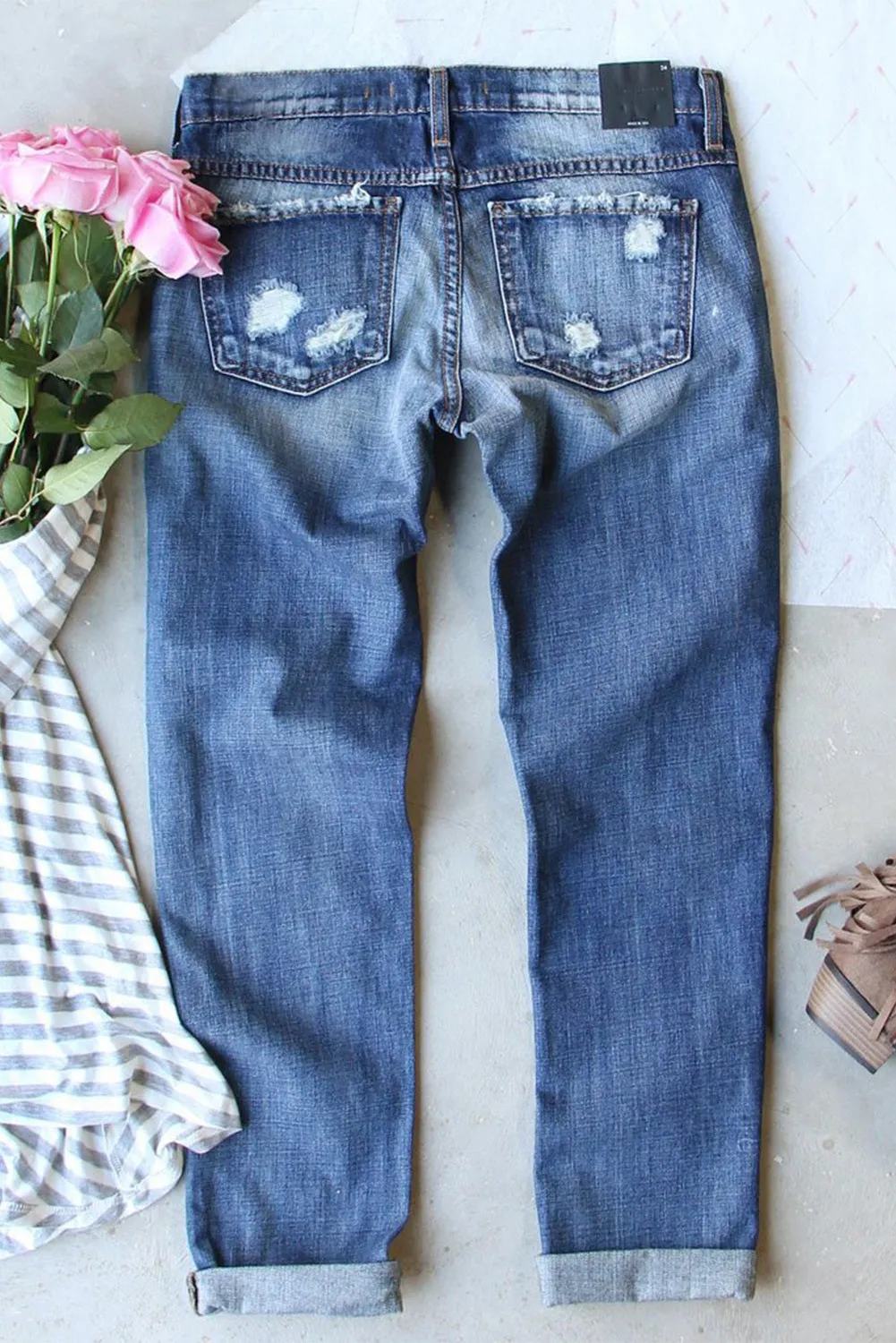 Womens Ripped Jeans American Flag Patch Boyfriend Denim Pants