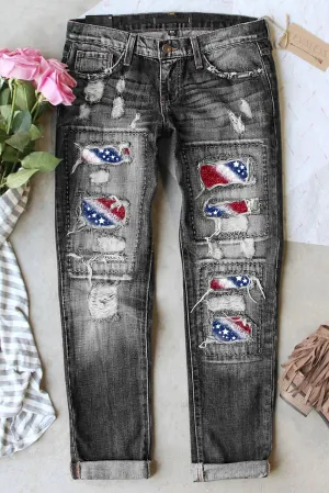 Womens Ripped Jeans American Flag Patch Boyfriend Denim Pants