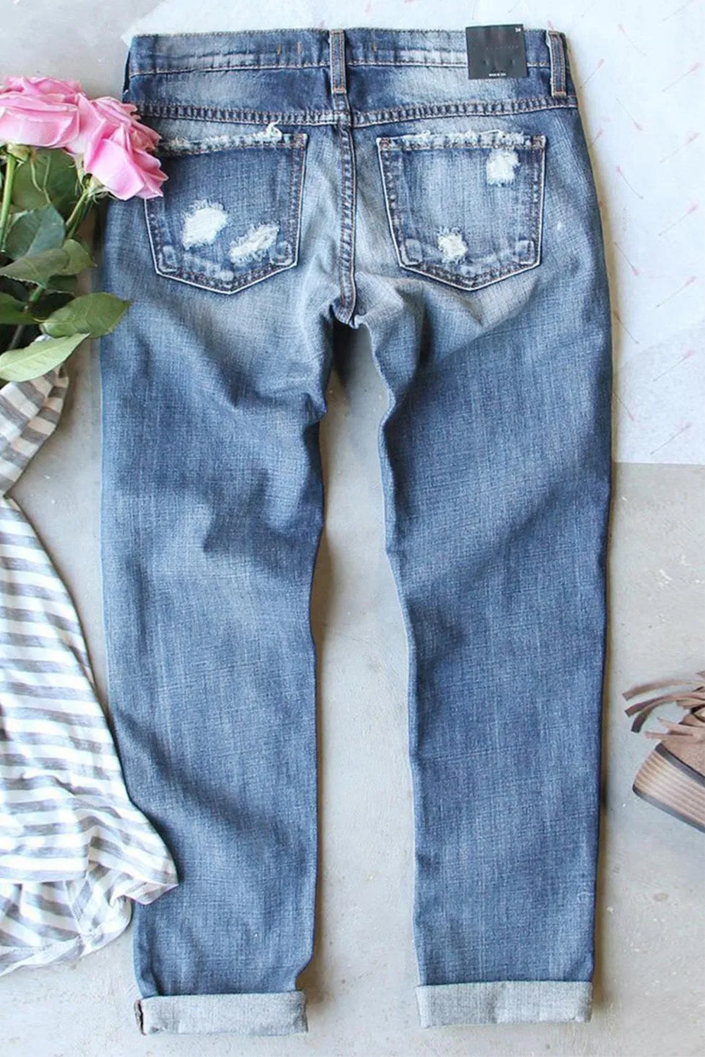 Womens Ripped Jeans American Flag Patch Boyfriend Denim Pants