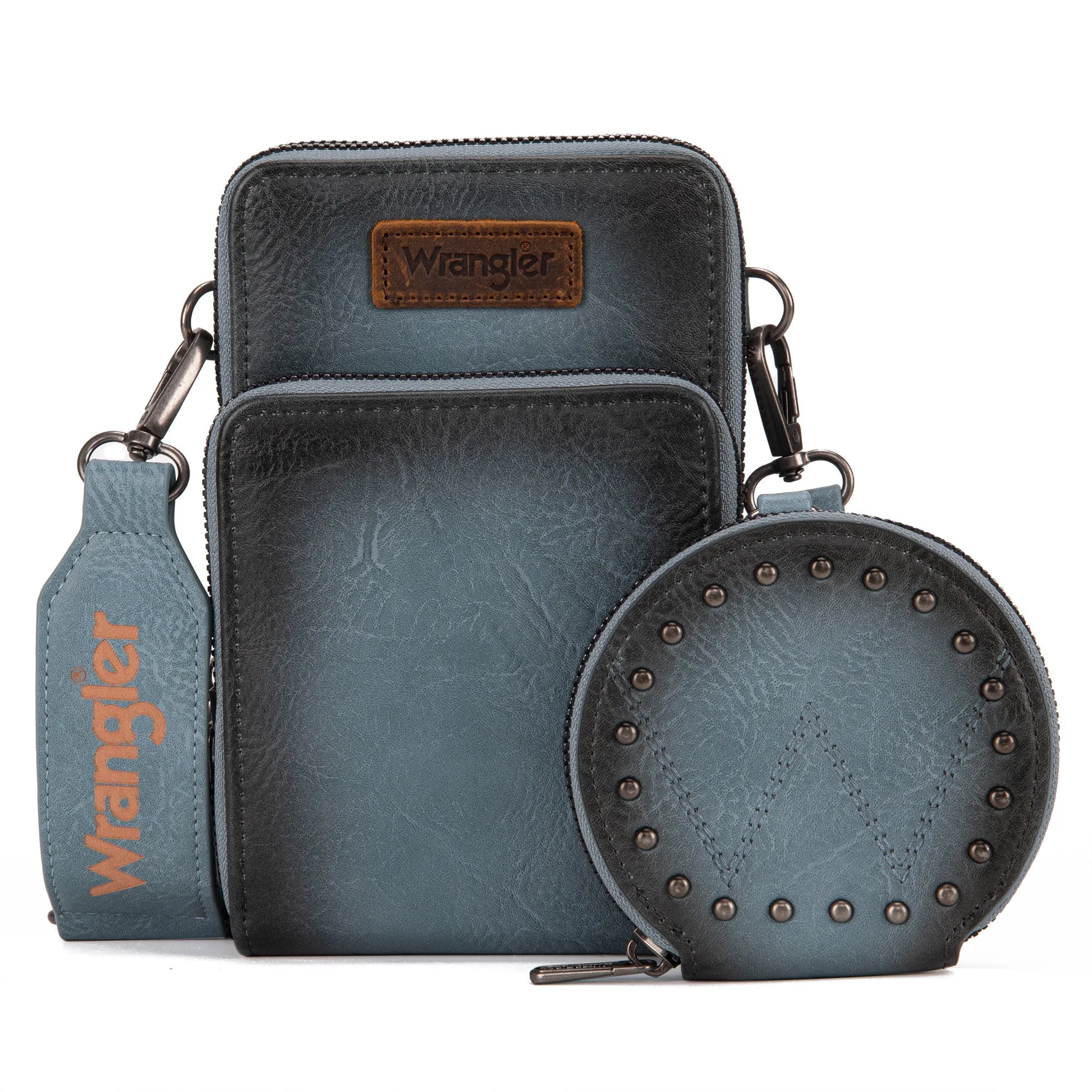 Wrangler Crossbody Cell Phone Purse 3 Zippered Compartment with Coin Pouch- Jean