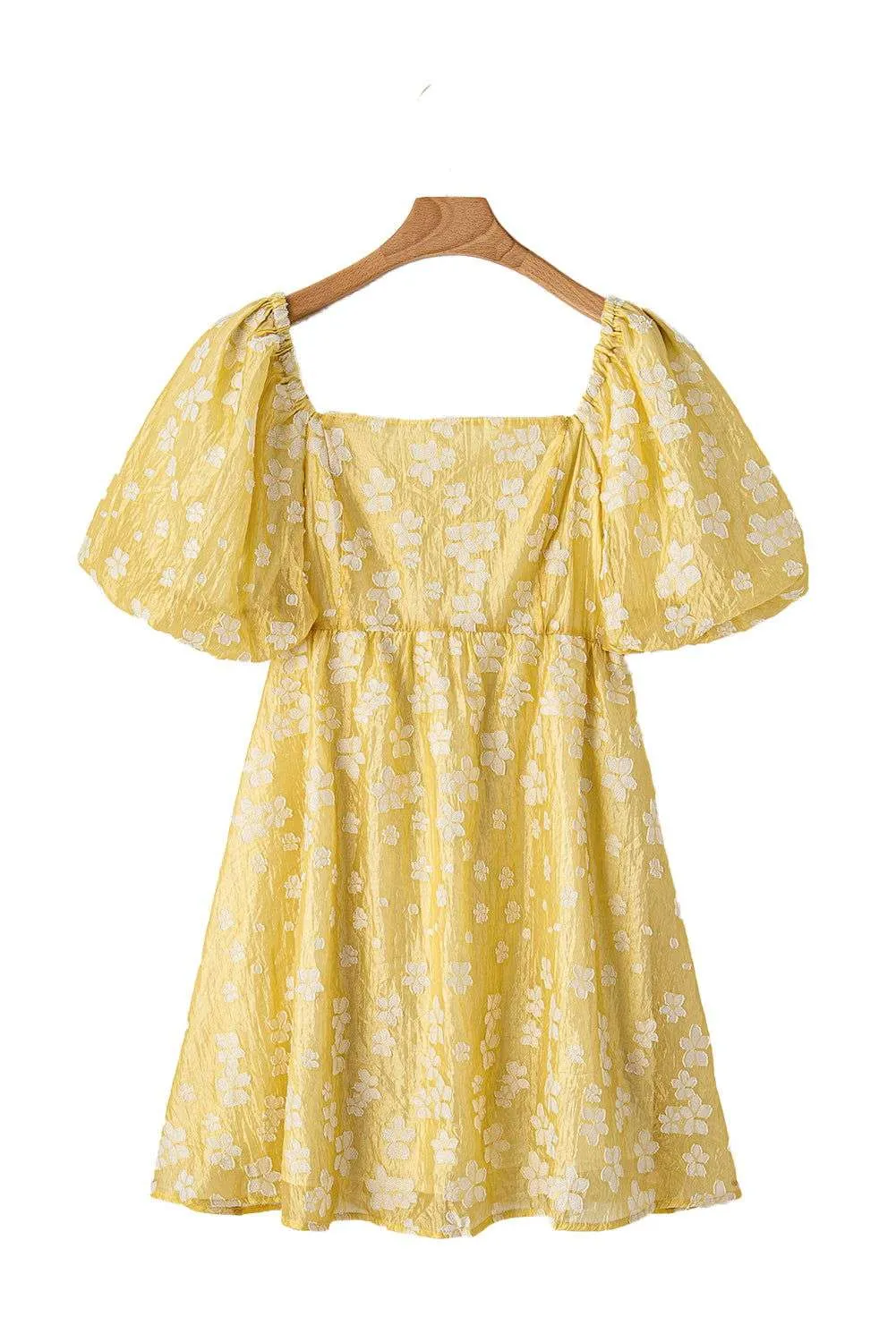 Yellow Boho Flower Jacquard Puff Sleeve Square Neck Mini Dress
