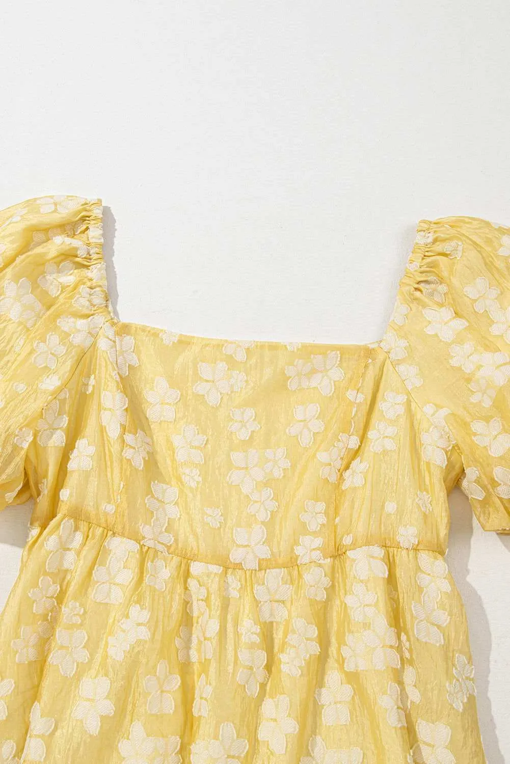Yellow Boho Flower Jacquard Puff Sleeve Square Neck Mini Dress