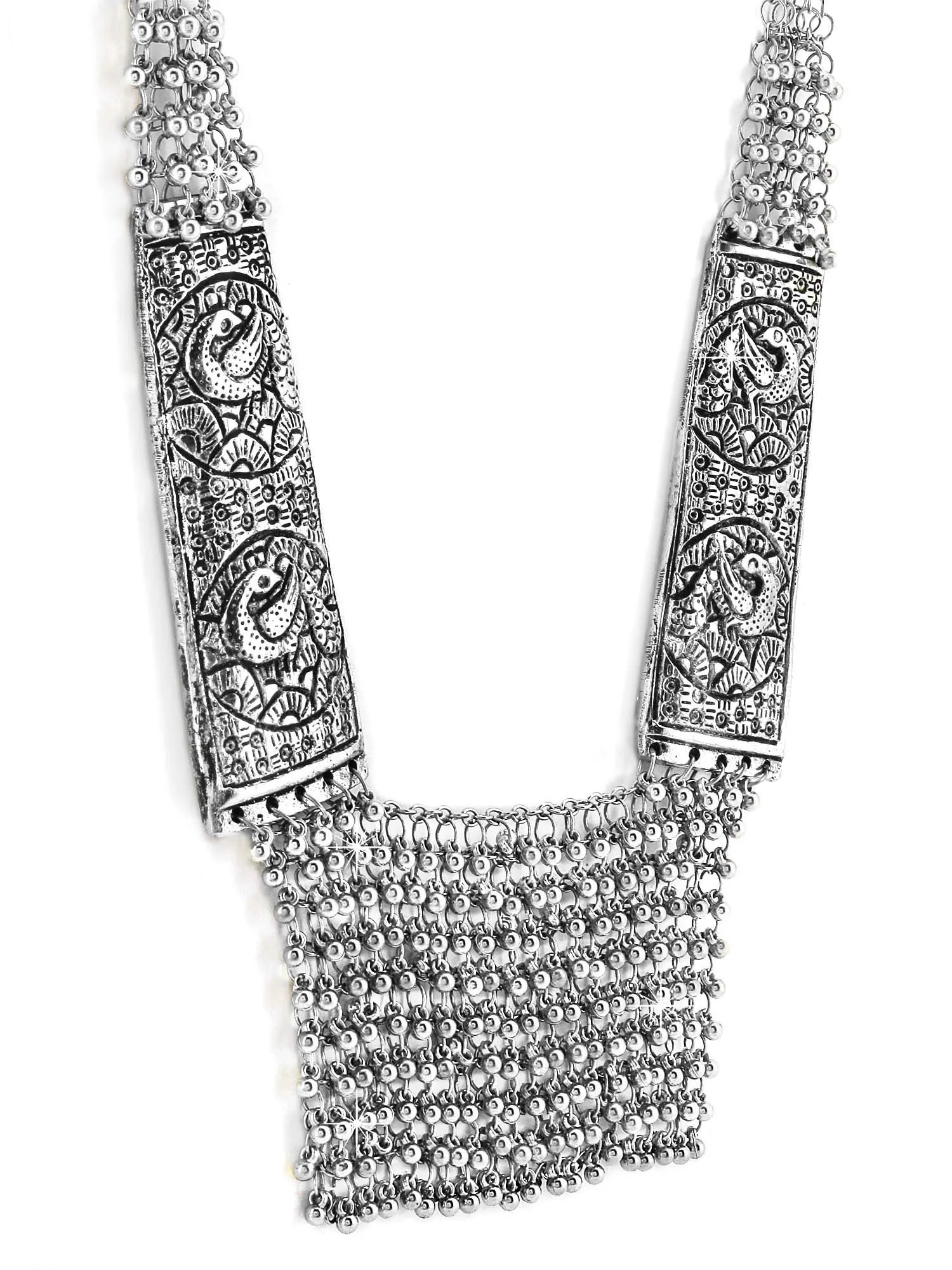 Yellow Chimes German Silver Oxidized Necklace Handmade Work Peacock Charm Studded Crystal Antique Necklace for Women and Girls (Silver Oxidized)